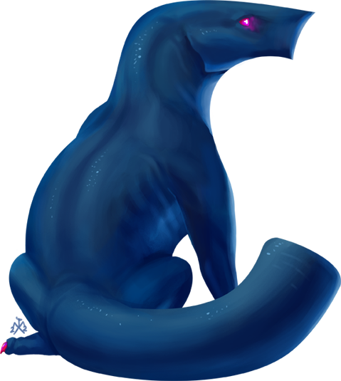 Art of a sitting darkblue creature with a magenta eye.