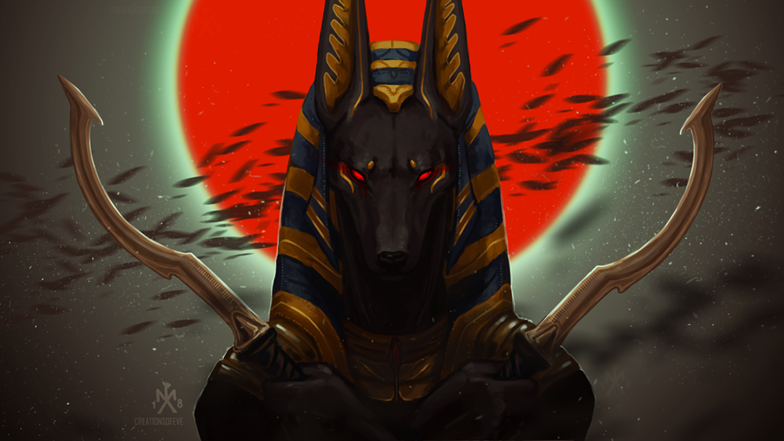 Art of Anubis with his arms crossed holding weapons, behind him a red sun.