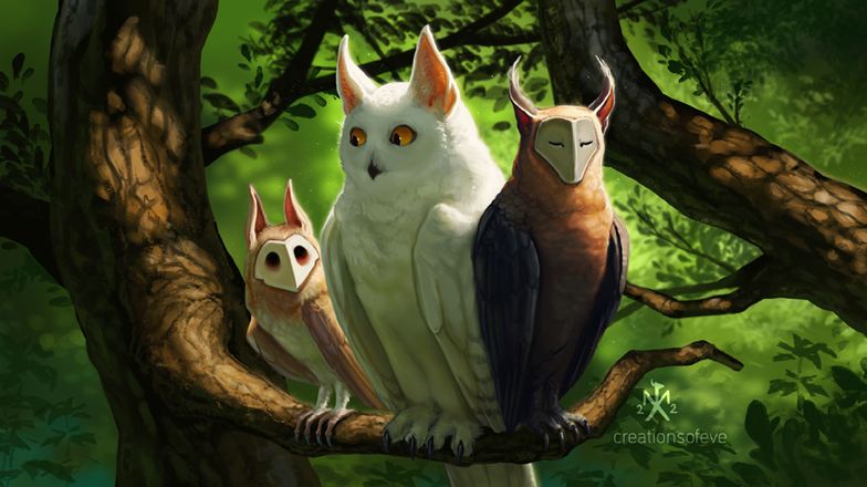 Art of a owl creatures in a forest with warm sunlight.