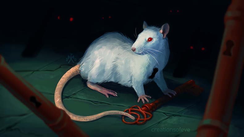 Art of a rat guardian a key, it has a keyhole in its chest.
