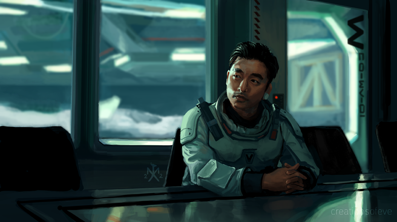 Art of a spacestation conference room with a sitting person in it, hit by strong lighting.